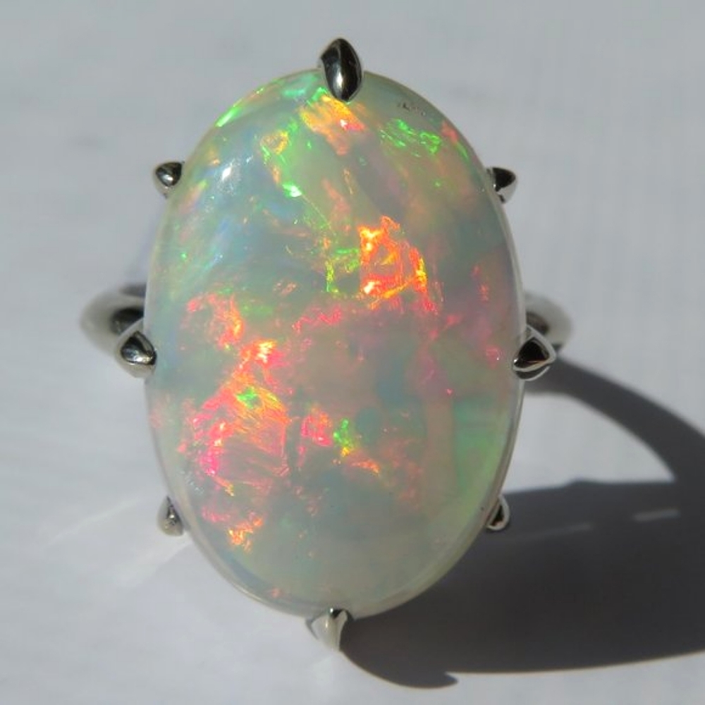 Natural Large Precious Opal In Solid 14K White Gold Cocktail Ring Size 8
